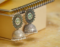 925 Silver Meenakari Jhumki Earrings with Natural Green Stones view 1