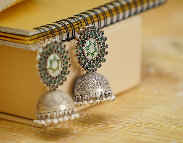 925 Silver Meenakari Jhumki Earrings with Natural Green Stones