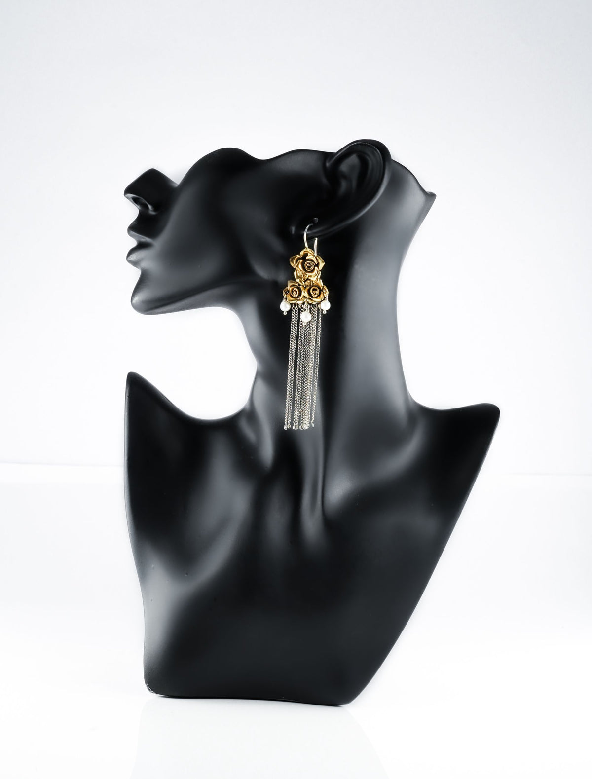 Floral Two-Toned Long Earrings with Pearl view 1