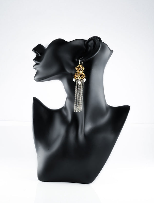 Floral Two-Toned Long Earrings with Pearl