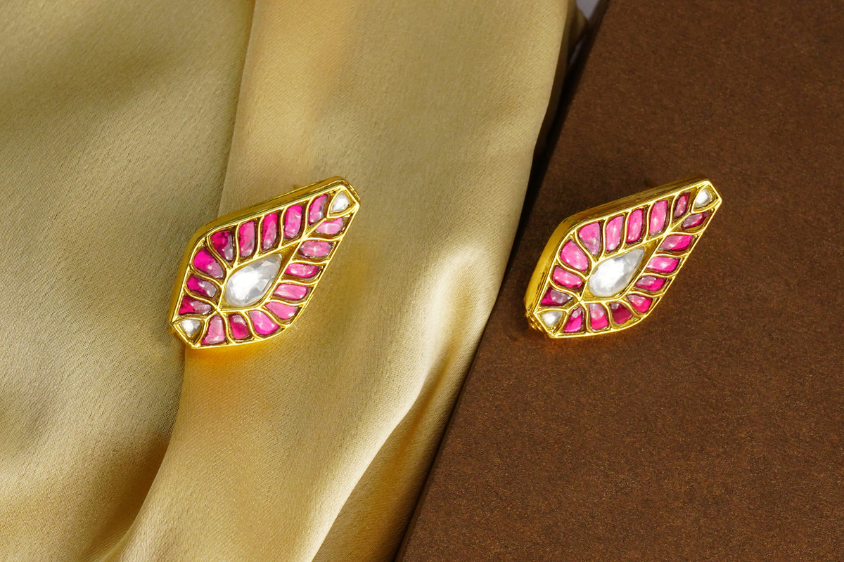 925 Silver Gold Plated White and Red Kundan Tilak Studs view 3