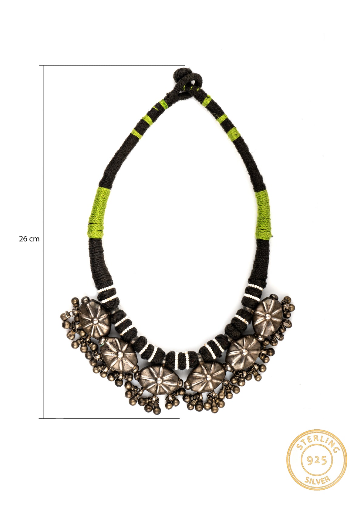 925 Sterling Silver Oxidized Necklace with Green and Black Adjustable Patwa Thread view 4