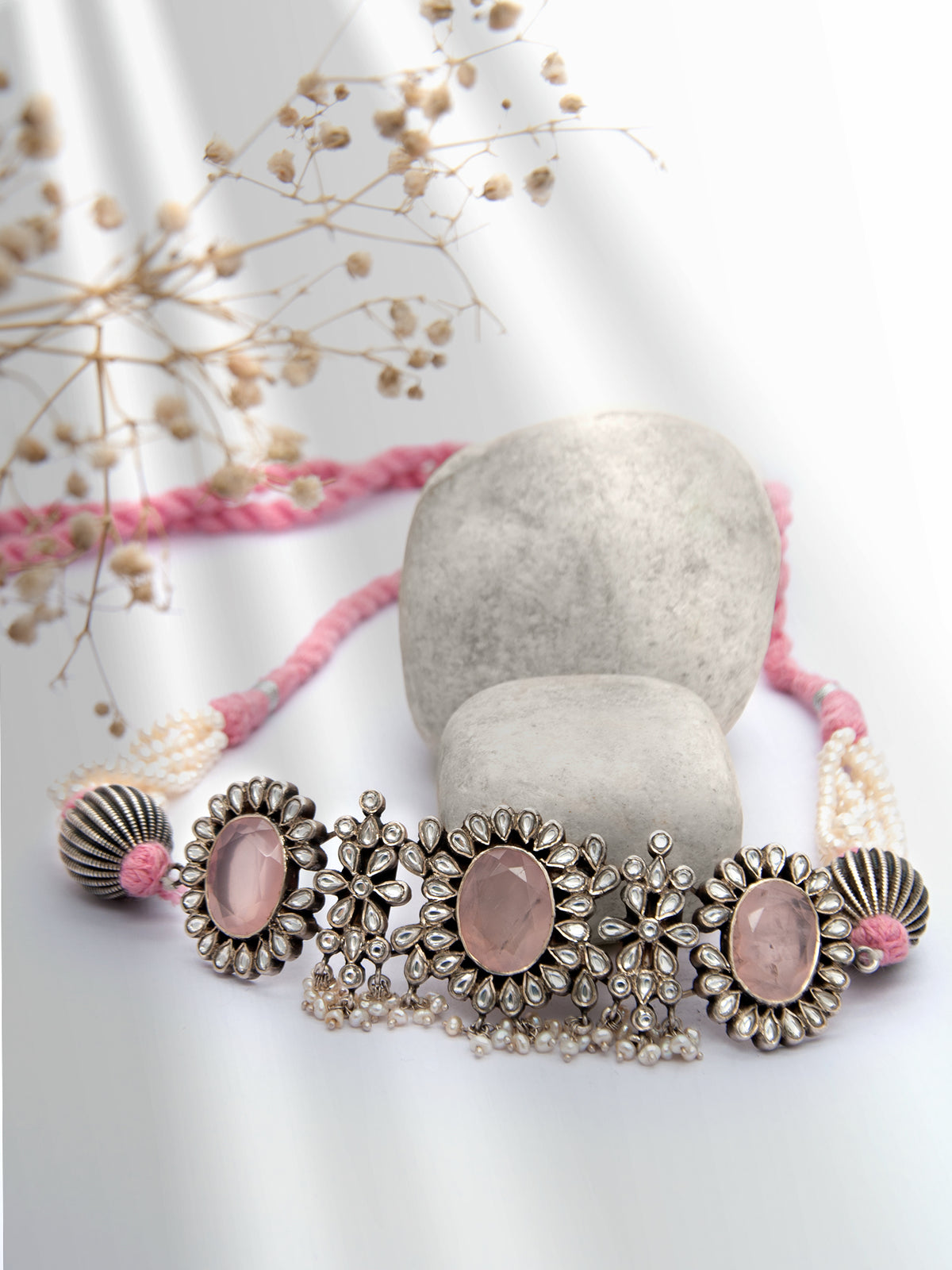 Silver Rose Quartz Kundan Choker with Pearl view 1