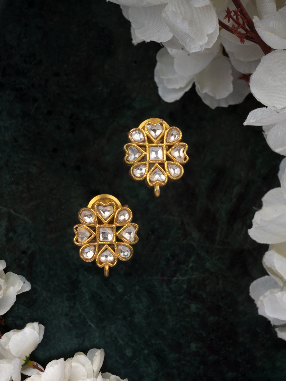 925 Sterling Silver Gold Plated Floral Studs with Kundan view 3