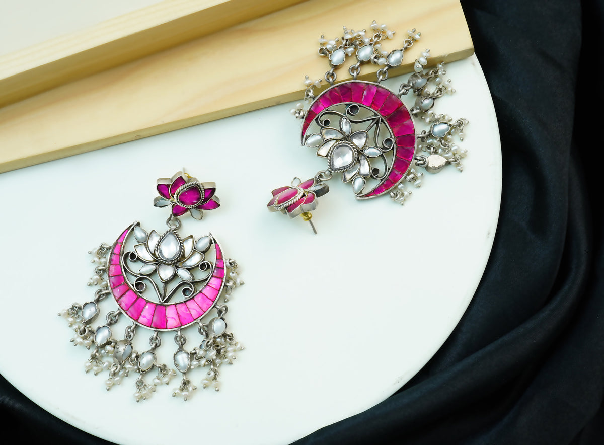 925 Silver Signature Pink Kundan Chandbalis view 5