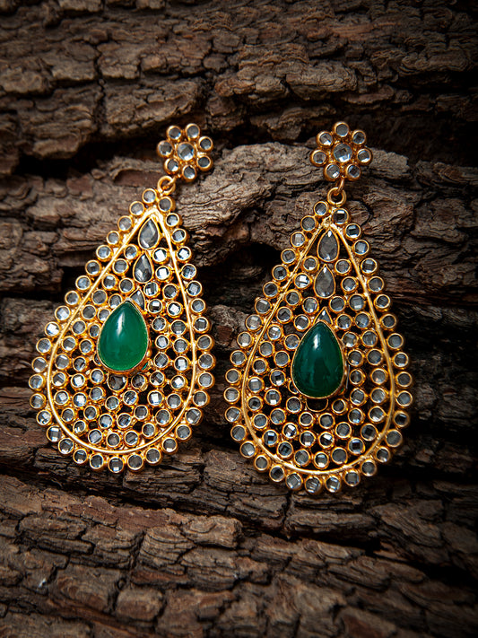 925 Sterling Silver Gold Plated Crystal Earring with Green Onyx