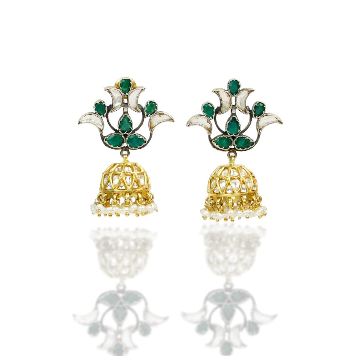 925 Silver Gold Plated Green Stone Earrings with Kundan Jhumki view 2