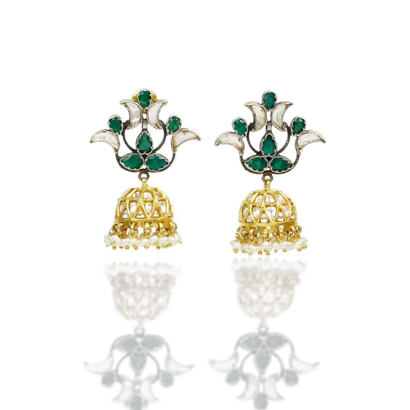 925 Silver Gold Plated Green Stone Earrings with Kundan Jhumki - Neeta Boochra Jewellery