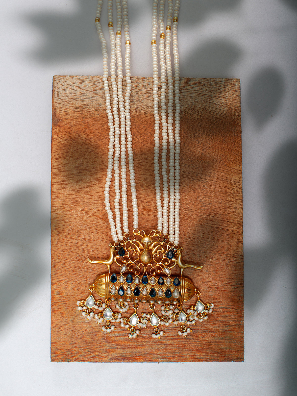925 Sterling Silver 22K Gold Plated Pearl Beaded Necklace With Blue and White Kundan view 3