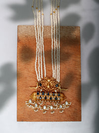925 Sterling Silver 22K Gold Plated Pearl Beaded Necklace With Blue and White Kundan view 3