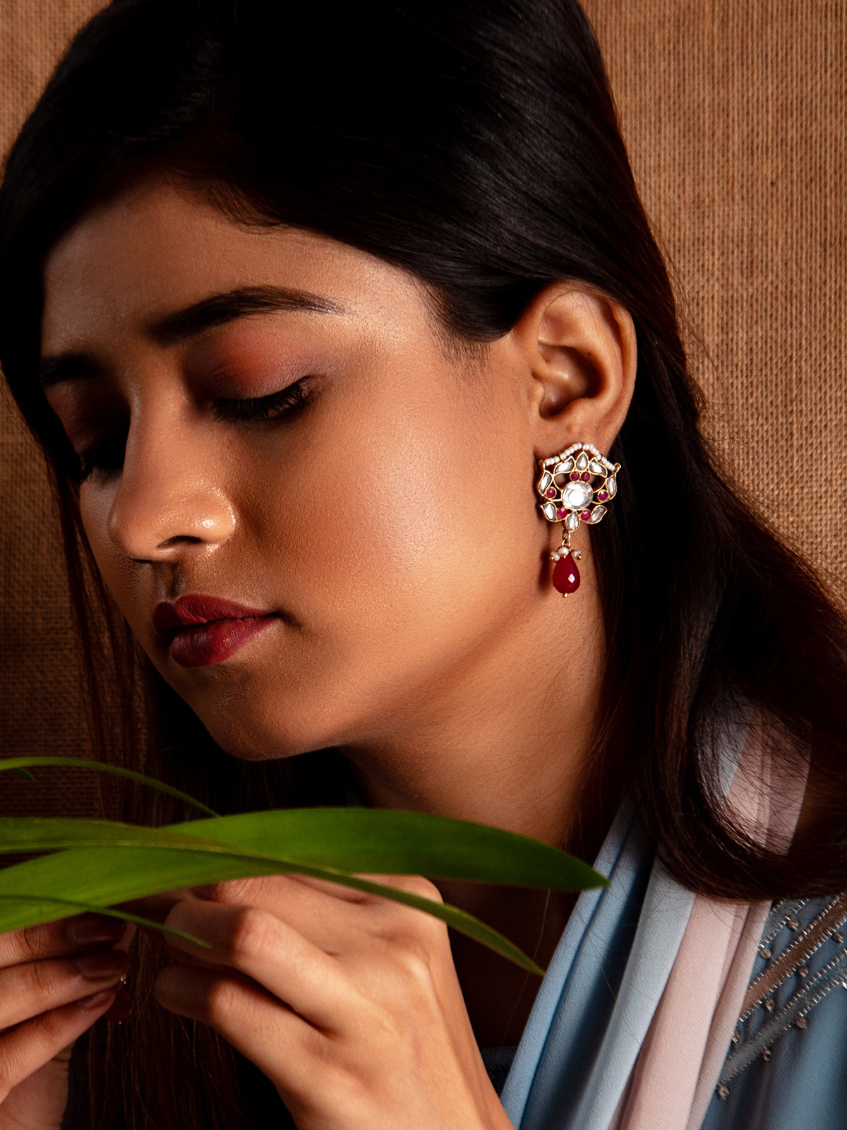 Silver Ruby Kundan Earrings with Drop view 6