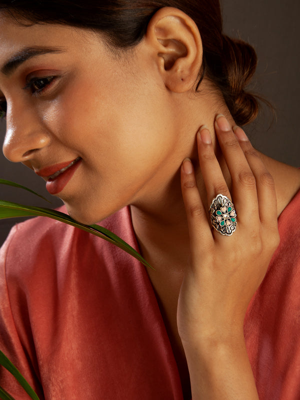 Silver Kundan Fusion Chitai Adjustable Ring