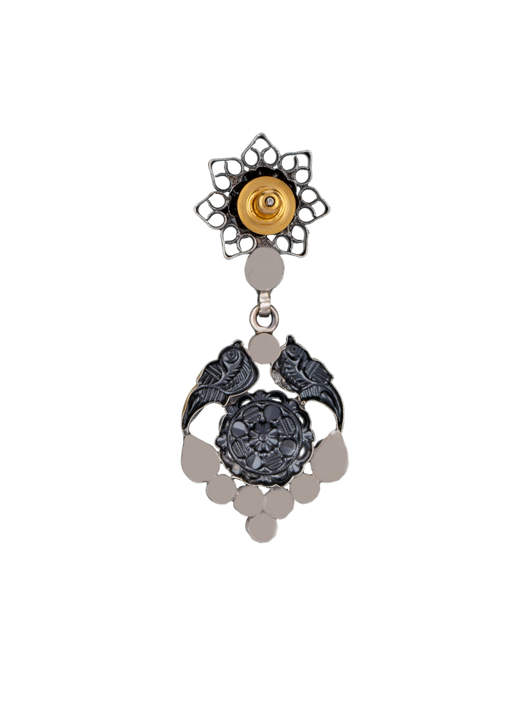 Twin Peacock Two Tone Intricate Earrings with Kundan and Pearl view 3