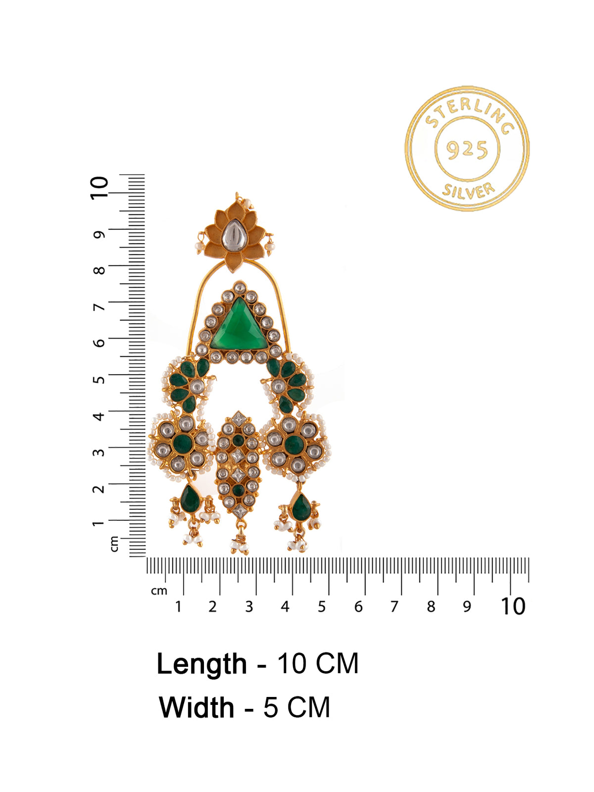 925 Sterling Silver 22K Gold Plated Green Onyx Danglers Earrings With Pearl And White Kundan view 4