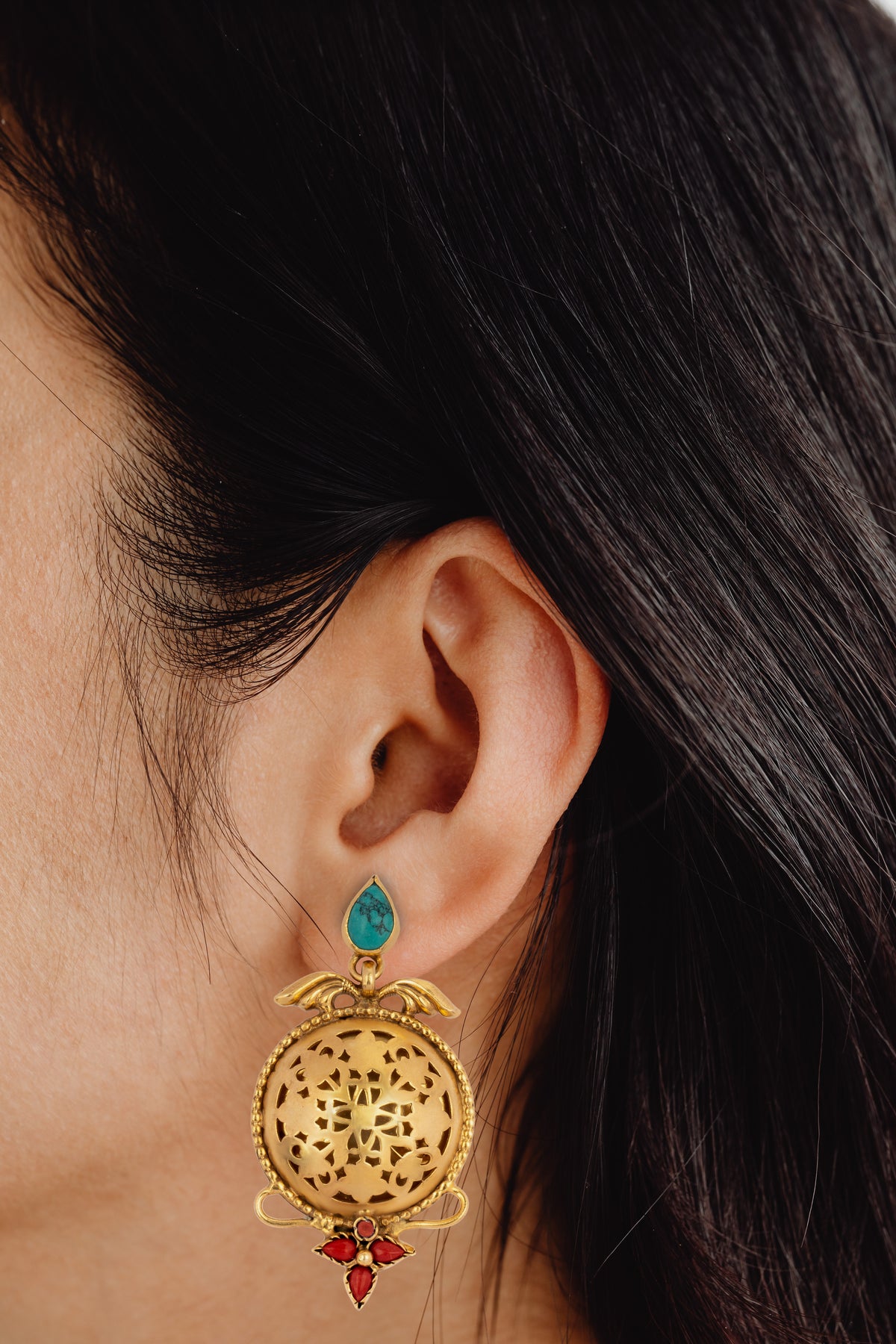 925 Sterling Silver Gold Plated Carved Earrings with Turquoise and Red Coral view 3