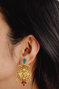925 Sterling Silver Gold Plated Carved Earrings with Turquoise and Red Coral view 3