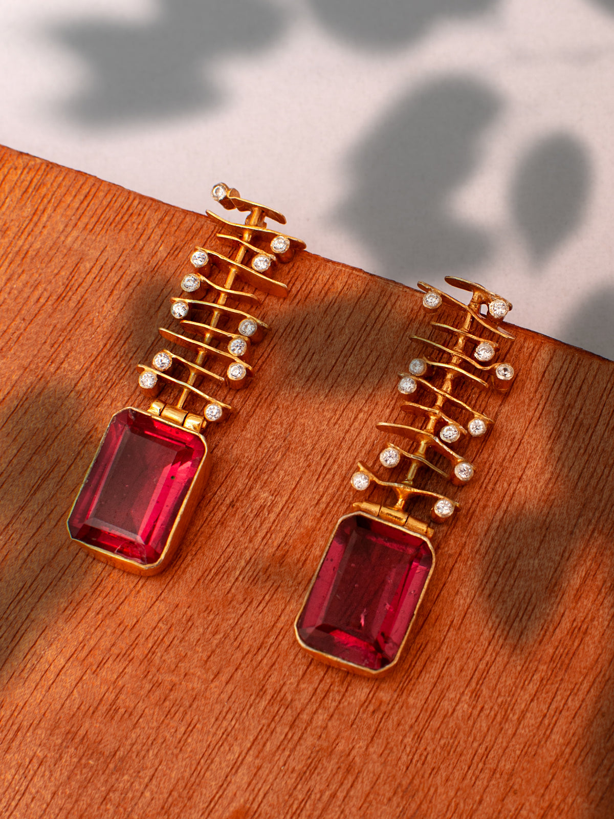 925 Sterling Silver 22K Gold Plated Pink Gemstone Danglers Earring With White Kundan view 2