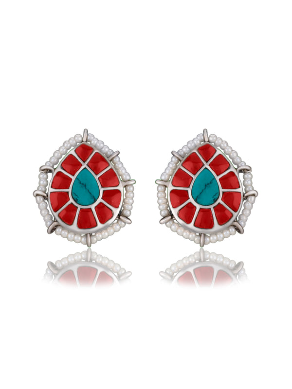NB Signature  Studs with Red Coral and Turquoise