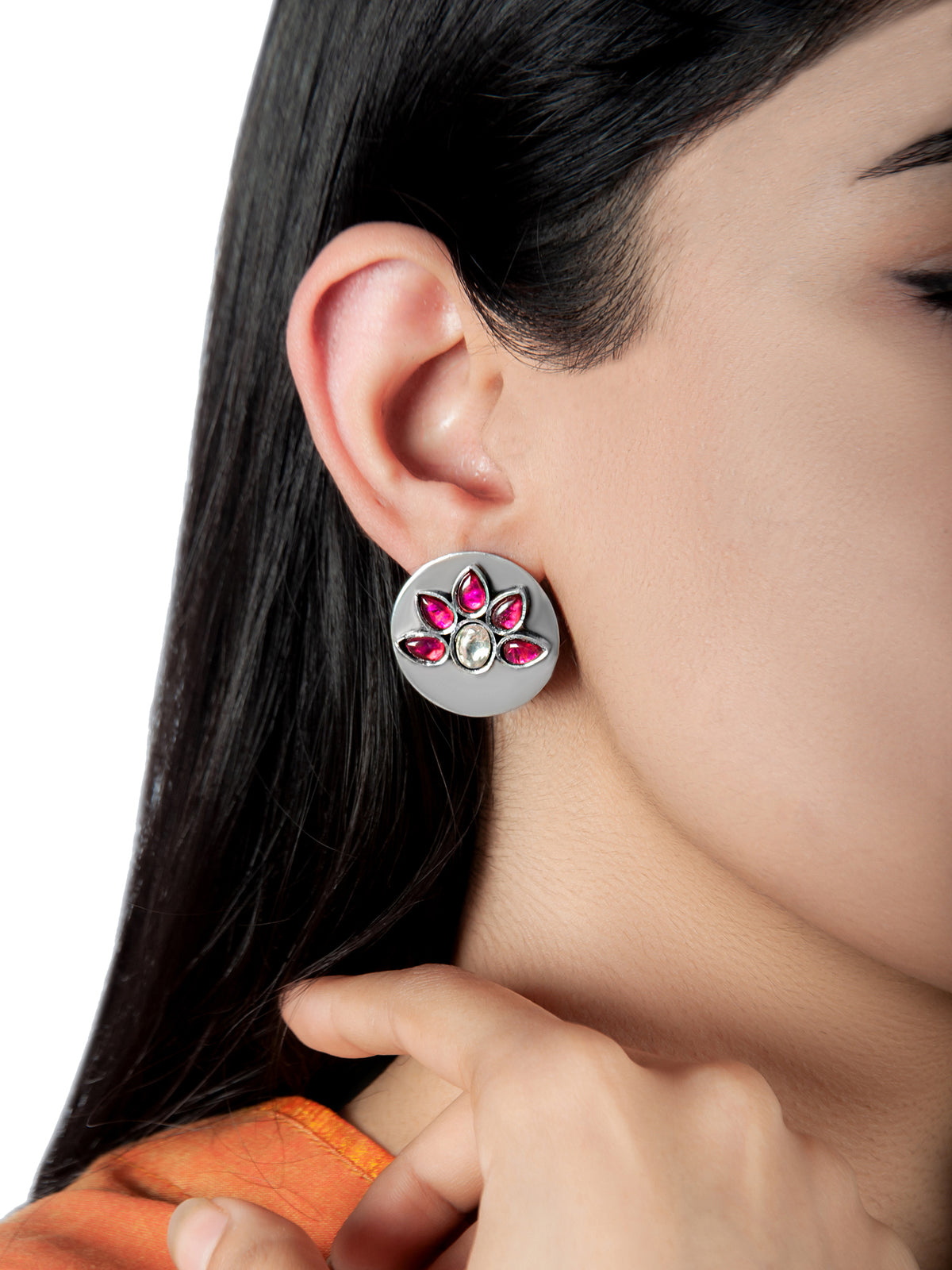 925 Sterling Silver Pink and White Kundan Studs view 1