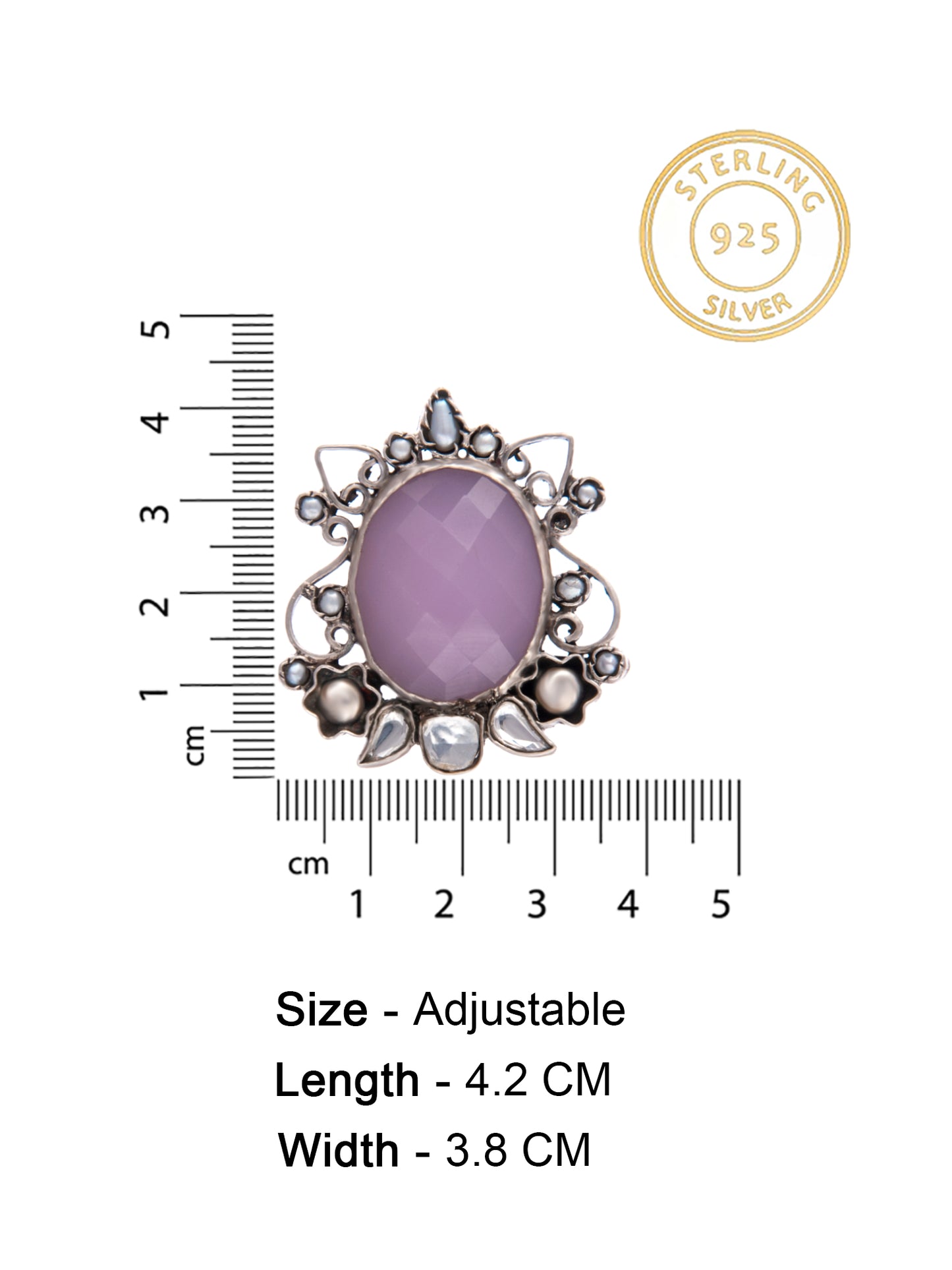 Silver Rose Quartz Adjustable Ring with Pearl
