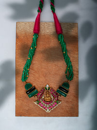925 Sterling Silver 22K Gold Plated Green Onyx, Black Onyx Gemstone Necklace With Pink and White Kundan view 2