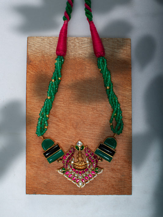 925 Sterling Silver 22K Gold Plated Green Onyx, Black Onyx Gemstone Necklace With Pink and White Kundan