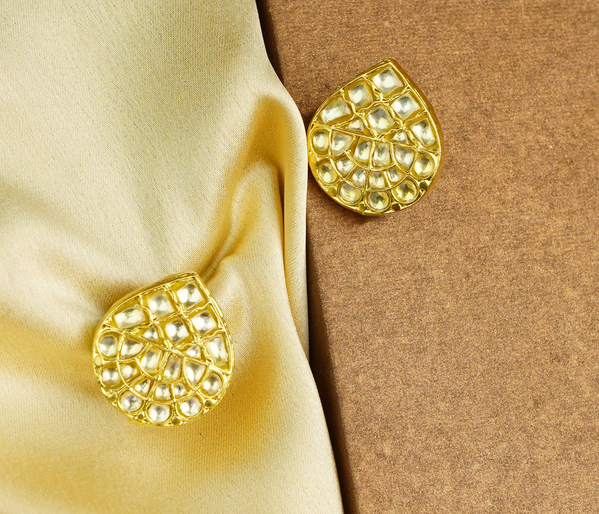 925 Silver Gold Plated White Kundan Paan Studs view 3