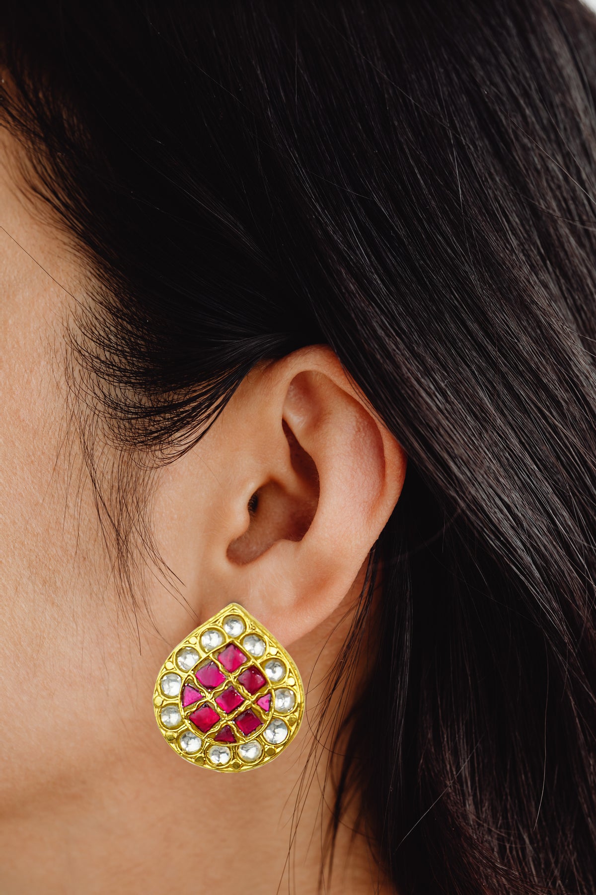 925 Silver Gold Plated White and Red Kundan Paan Studs view 2