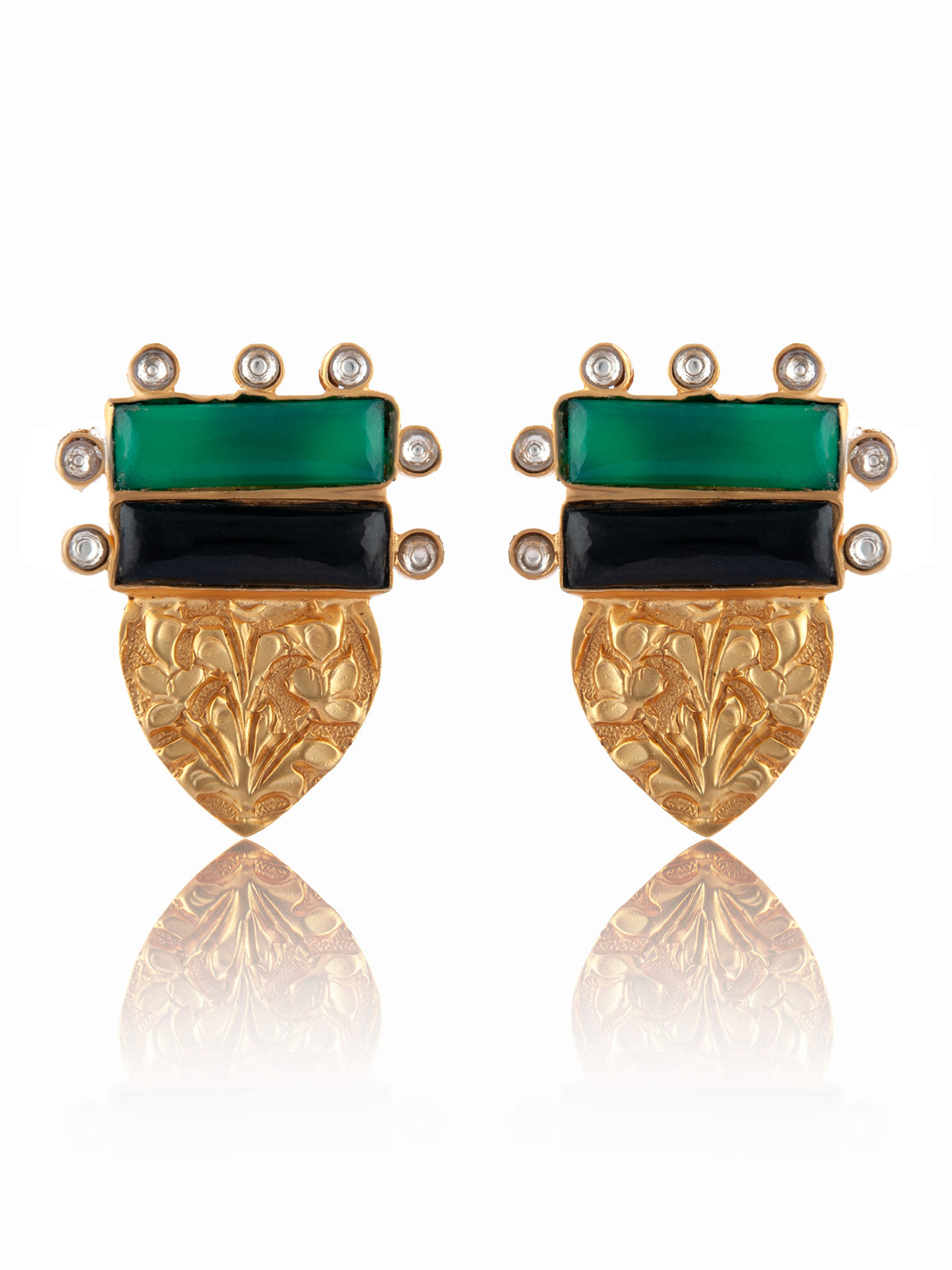 925 Sterling Silver Embossing Kundan  Earrings with Green and Black Onyx view 3