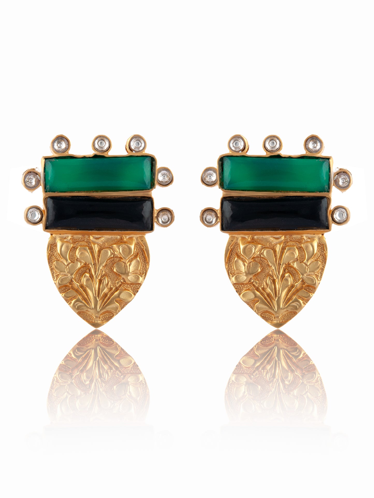 925 Sterling Silver Embossing Kundan  Earrings with Green and Black Onyx