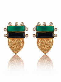 925 Sterling Silver Embossing Kundan  Earrings with Green and Black Onyx view 3