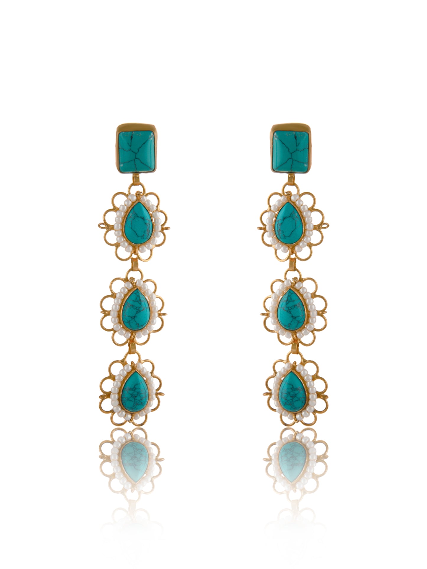 925 Sterling Silver 22K Gold Plated   Turquoise & Pearl  Gemstone Earrings