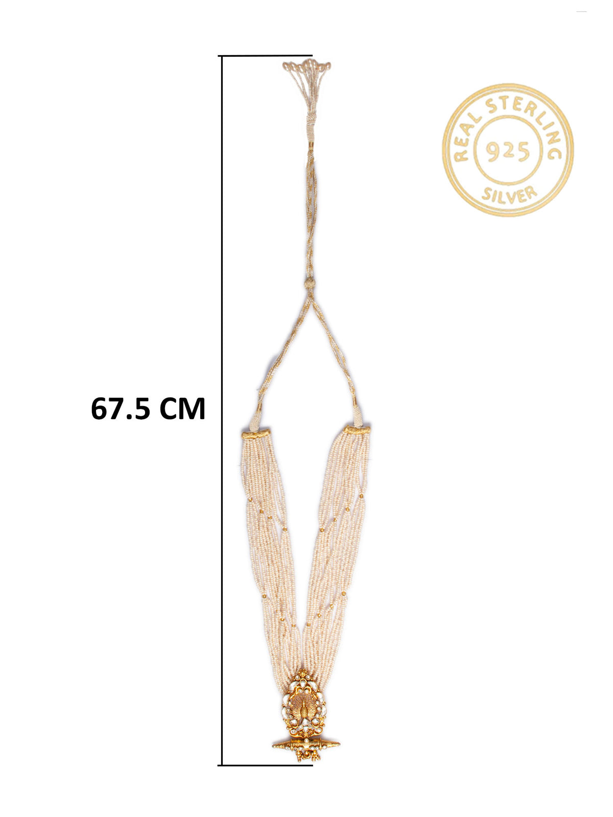 925 Sterling Silver 22K Gold Plated Pearl Beaded Peacock Design Statement Necklace With White Kundan view 4