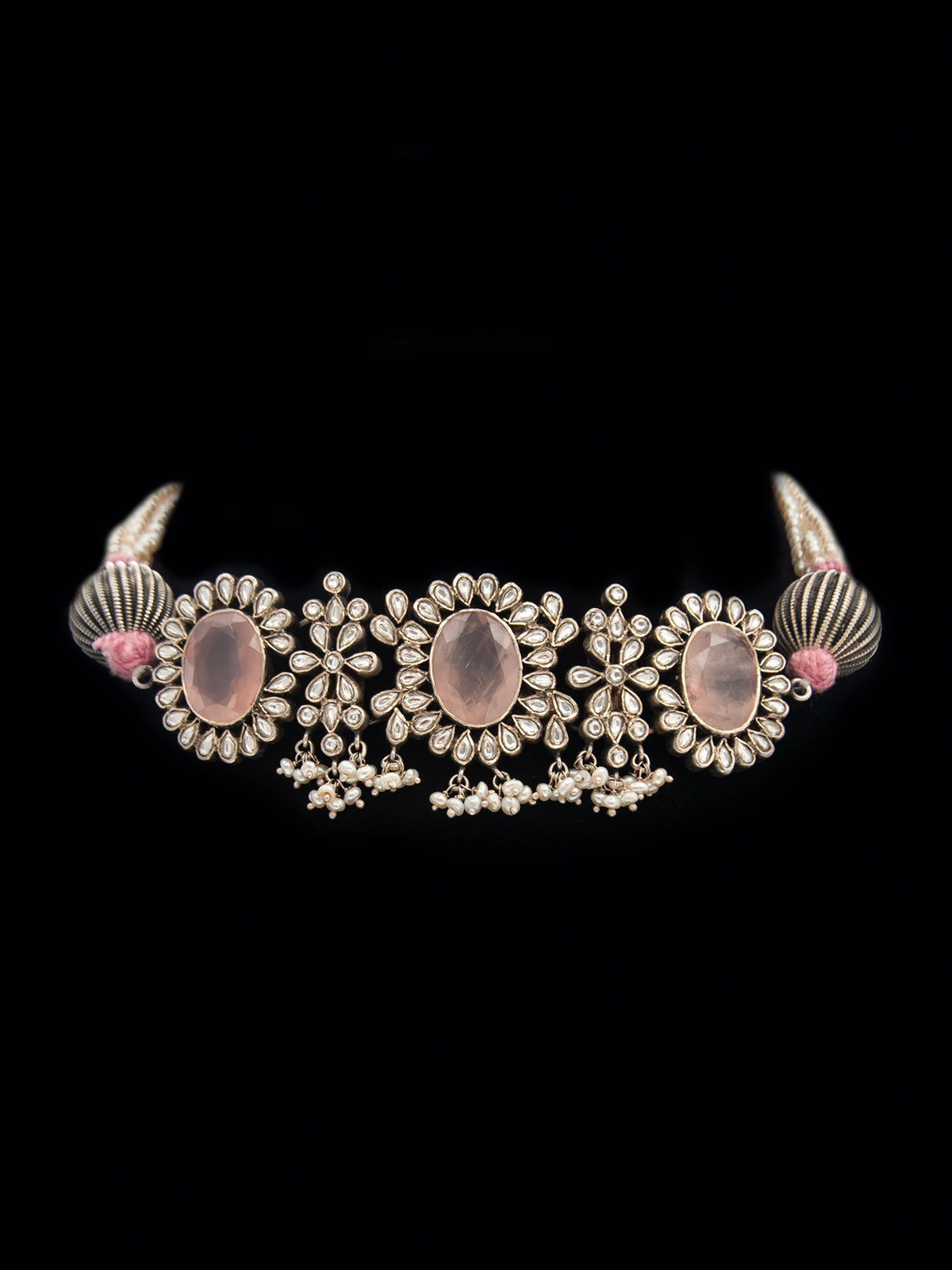 Silver Rose Quartz Kundan Choker with Pearl view 8