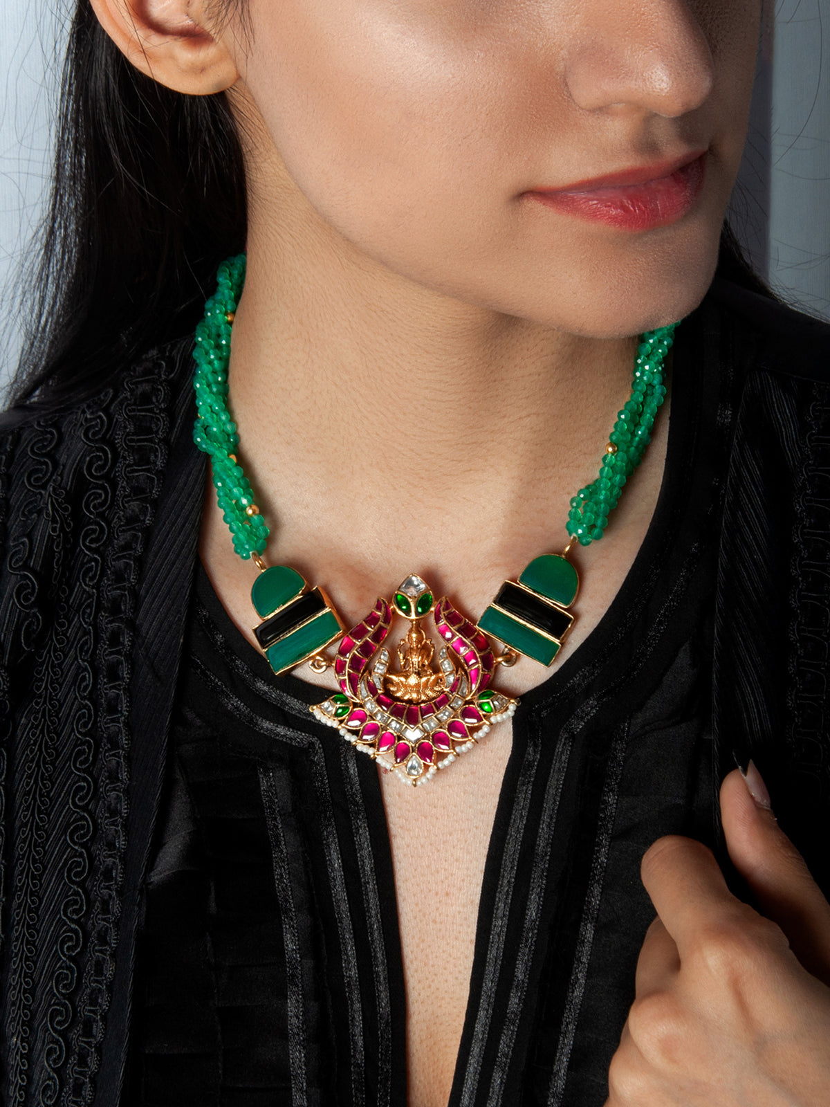 925 Sterling Silver 22K Gold Plated Green Onyx, Black Onyx Gemstone Necklace With Pink and White Kundan view 1