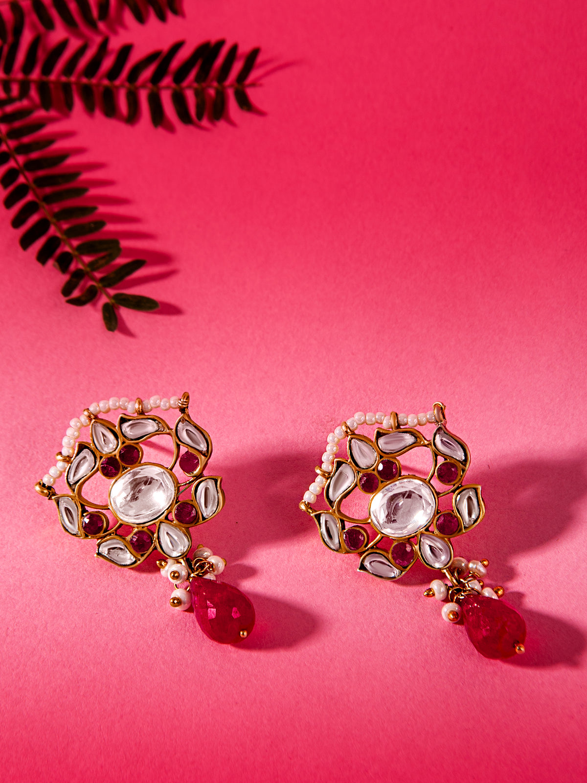 Silver Ruby Kundan Earrings with Drop view 2