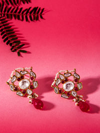Silver Ruby Kundan Earrings with Drop view 2