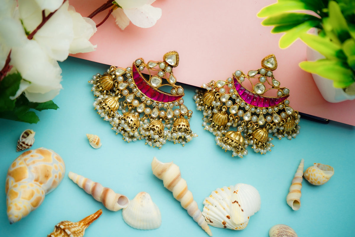 925 Silver Gold Plated Signature Fusion Jhumki Chandbali Earrings view 4
