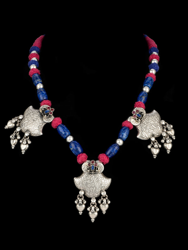 Antique Blue Lapis Beaded Necklace with Adjustable Patwa Thread