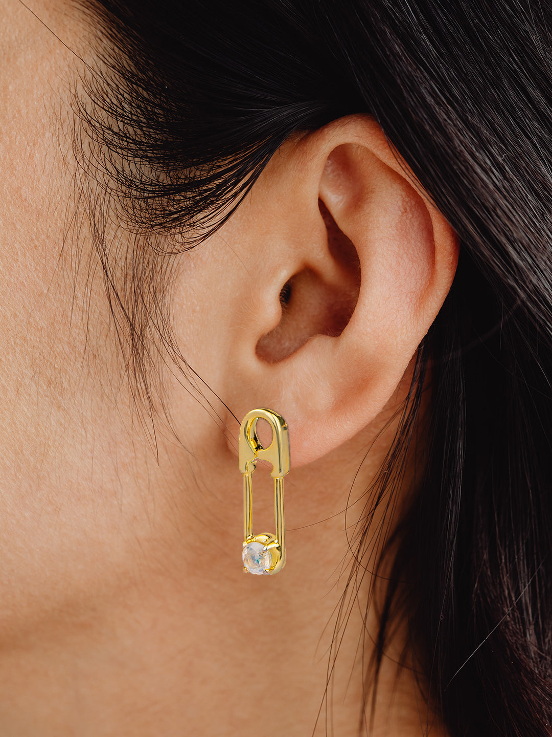 Modern Pin-Shaped Rainbow Moonstone Studs view 2