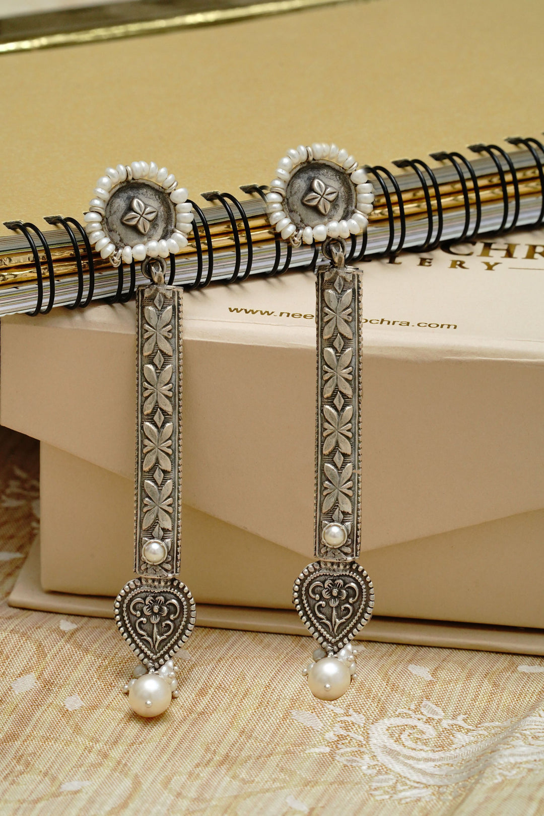 925 Silver Long Paan Earrings with Pearls - Neeta Boochra Jewellery