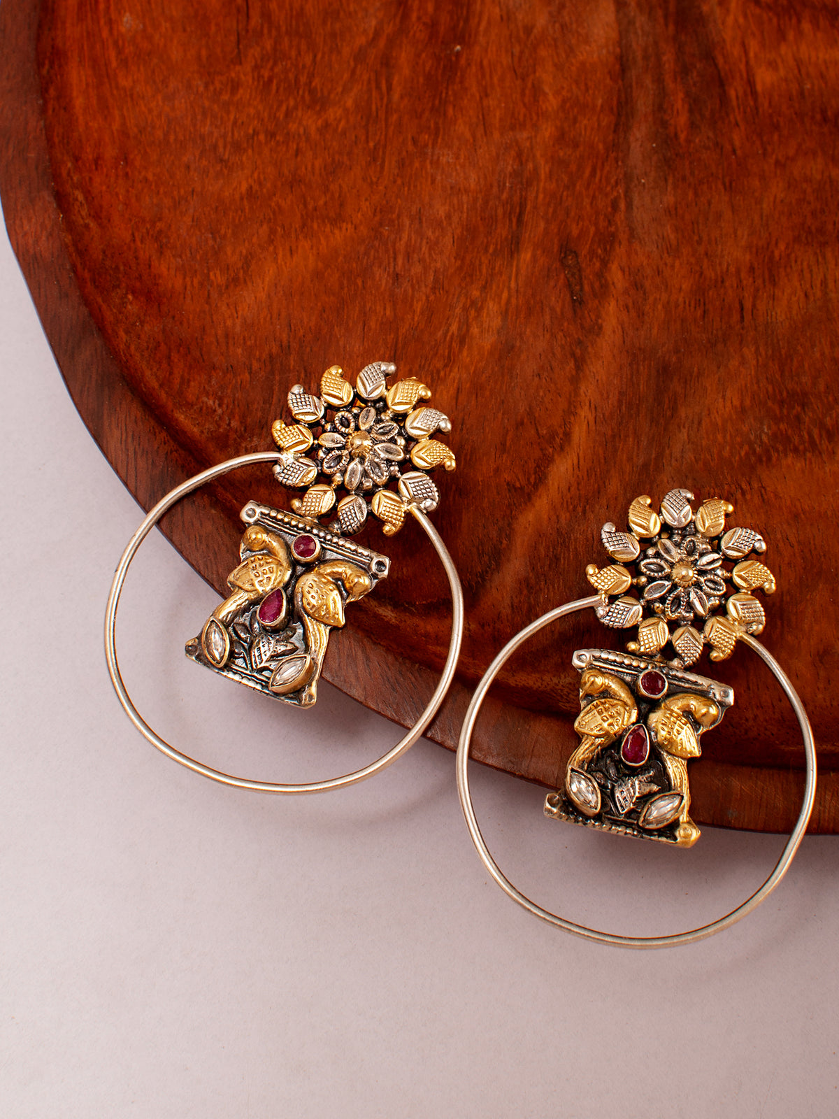 925 Sterling Silver Two Tone 22K Gold Plated Studs Earring With Pink Ruby and White  Kundan view 3
