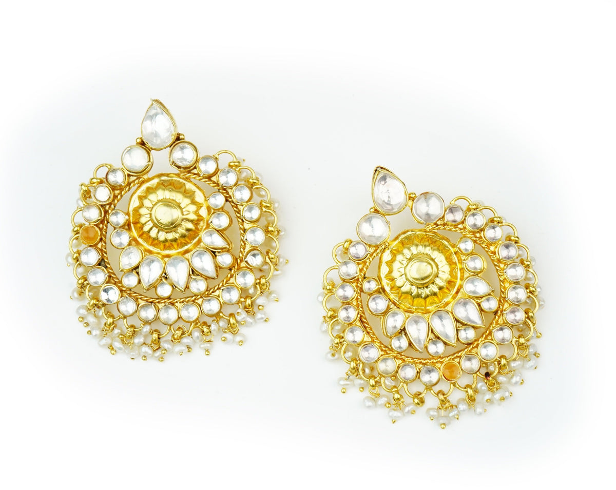 Silver Gold Plated Statement Chandbalis with Kundan and Pearls view 1