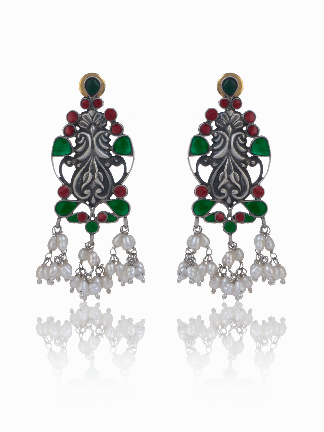 Twin Peacock Chitai Earrings with Multicolor Glass view 1