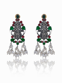 Twin Peacock Chitai Earrings with Multicolor Glass view 1