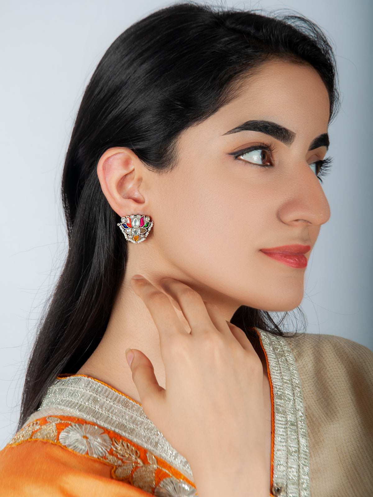 925 Sterling Silver Navratan Kundan Stud Earrings view 1
