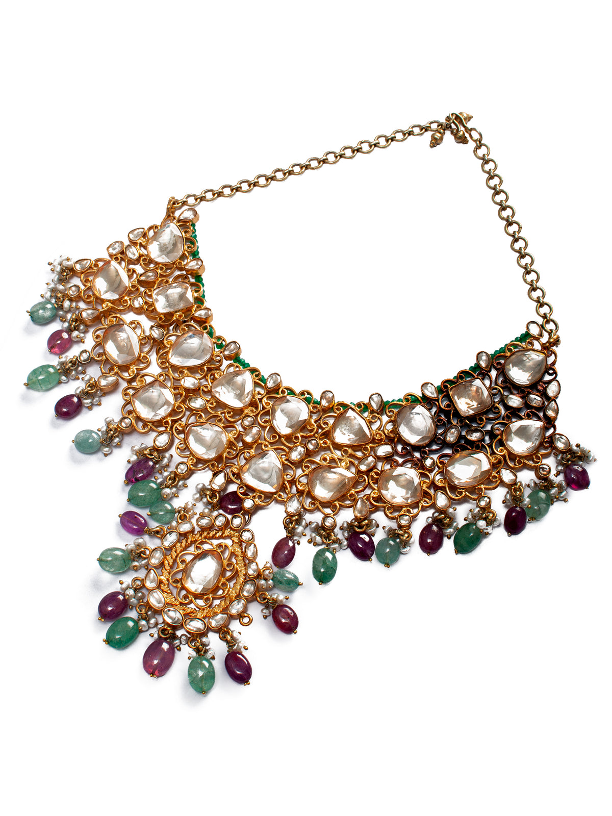 925 Sterling Silver 22K Gold Plated White Kundan Necklace With Green Quartz, Ruby and Pearl view 3