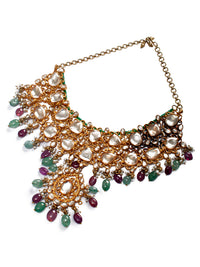 925 Sterling Silver 22K Gold Plated White Kundan Necklace With Green Quartz, Ruby and Pearl view 3