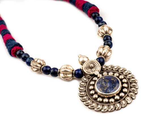 925 Sterling Silver Necklace with Blue Lapis Pendant and Adjustable Patwa Thread