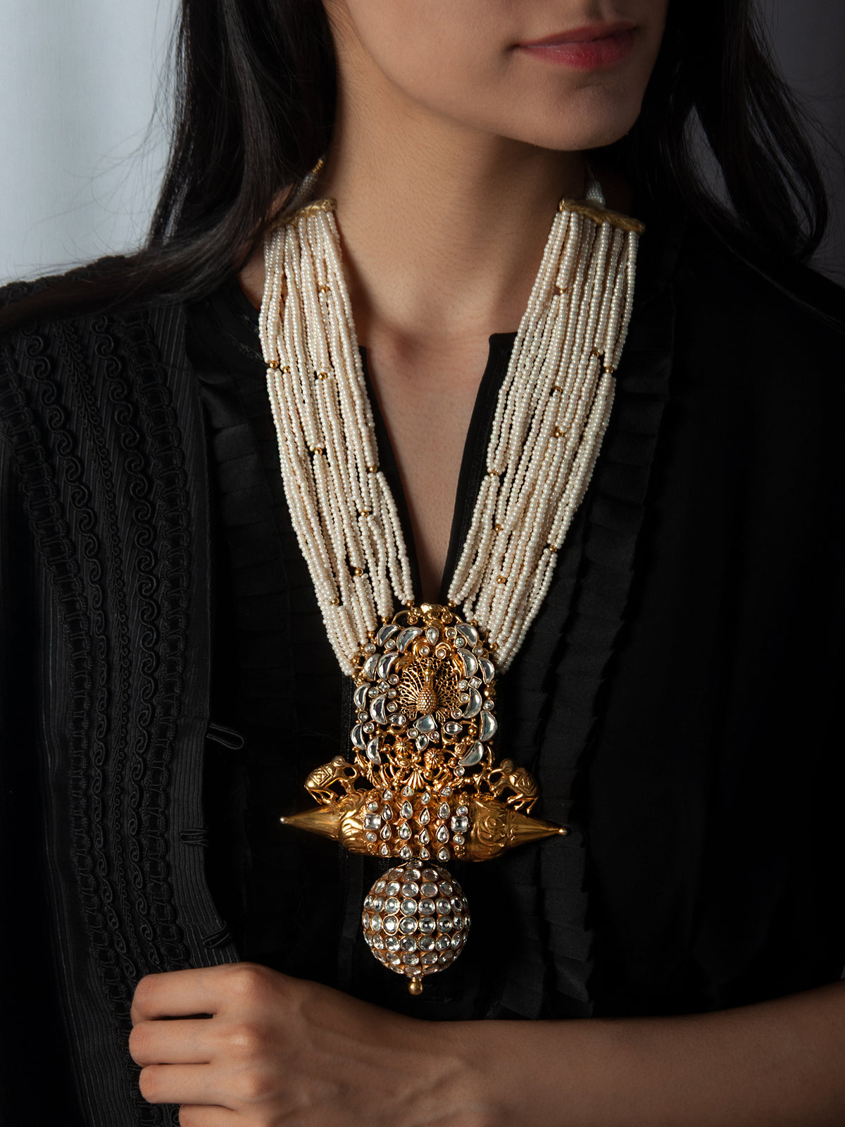 925 Sterling Silver 22K Gold Plated Pearl Beaded Peacock Design Necklace With Kundan Polki view 1